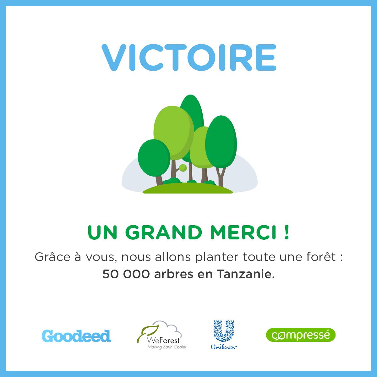 Goodeed's tweet photo. Bravo : grâce à vous, 50 000 arbres vont être plantés en Tanzanie ! 

Merci à vous et à nos partenaires @WeForest et  #deocompresse 🌱 https://t.co/susVHP7K0y
