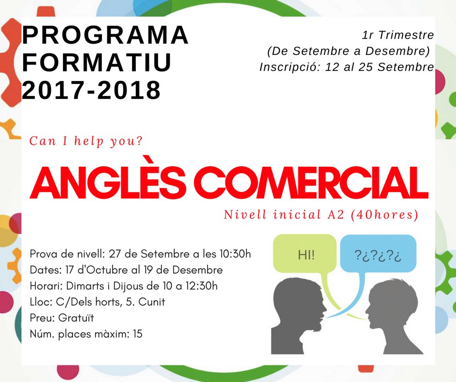 SOMCunit's tweet photo. 📣#ProgramaFormatiu
➡️En aquest curs podràs adquirir les nocions bàsiques que et facilitaran una bona i correcta comunicació amb els clients. https://t.co/BeOFVqR2Zr