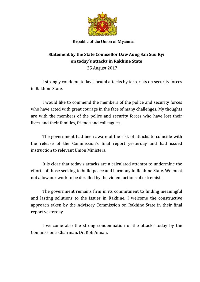 WinMyatAye's tweet photo. Myanmar State Counsellor's statement on attacks in Rakhine State
25 August
#Rohingya https://t.co/tiHOY1vfKX