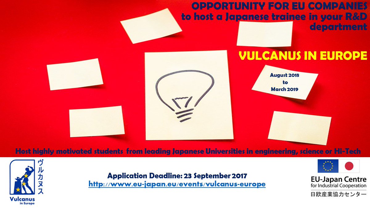 VulcanusProgram's tweet photo. Strengthen your R&amp;D team &amp; open your doors to #Japan, through hosting a Japanese trainee-Deadline:23 September https://t.co/ZpmExVi3Ht https://t.co/98CqA9nSDQ
