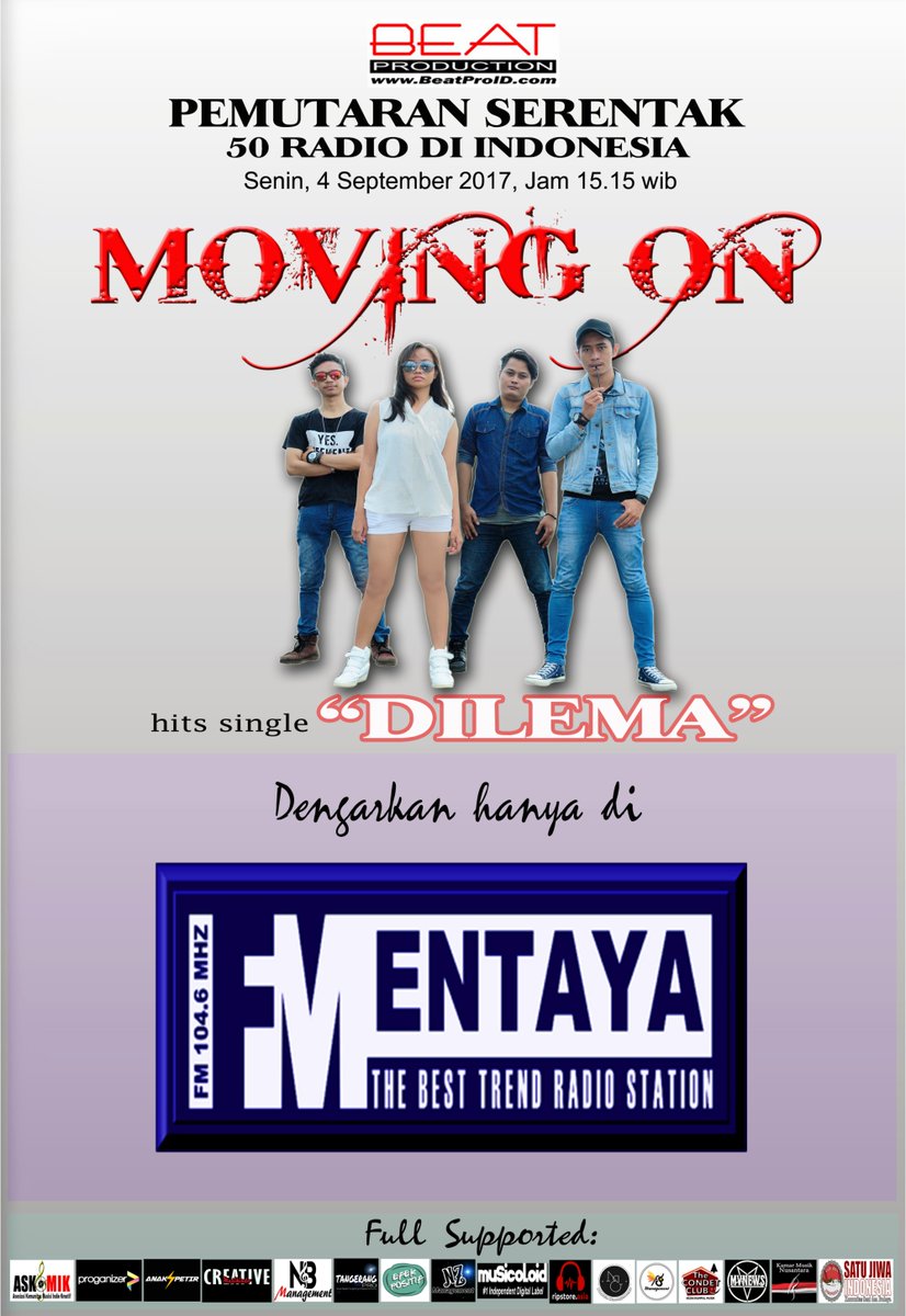 #PemutaranSerentak <a href="/movingon_id/">Moving On official</a> #Movingondilema w/ <a href="/mentaya_fm/">FMentayaSampit 104,6</a> Cc.  <a href="/BeatProID/">BEAT PRODUCTION</a> <a href="/yusdasiregar/">BeatMan Siregar</a> 
#NEWRELEASE om #MusicPlus