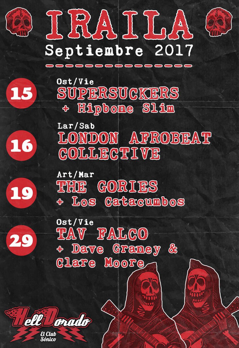 SalaHellDorado's tweet photo. Arrancamos Septiembre a todo trapo! @SupersuckersRnR  @LondonAfrobeat @davegraney #hipboneslim #thegories #rocknroll https://t.co/kiSoQkjZJG