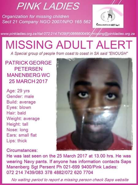 sheldon_cameron's tweet photo. Missing : COLD CASE Manenberg W/C.
Patrick George Petersen Circumstances: Last seen on 25 March 2017 at 1pm.
Kindly retweet? #HelpFindZA https://t.co/F3b1GzpAti