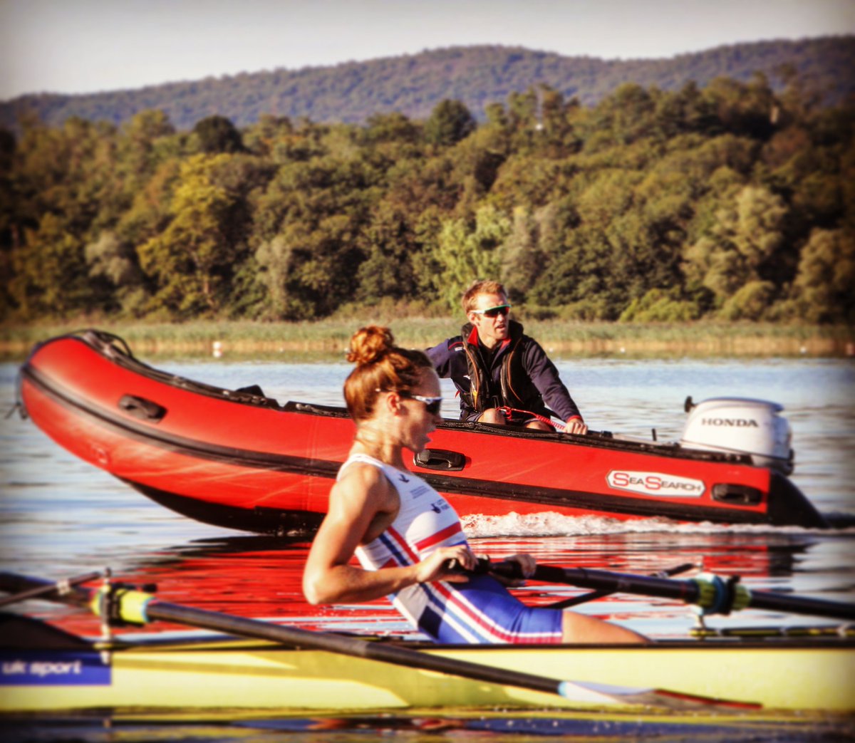 KarenBennett89's tweet photo. Out rowing yesterday with coach @JarrisHarris keeping a close eye on us on the lake 😎 #WRChamps https://t.co/pbIDNAsflS