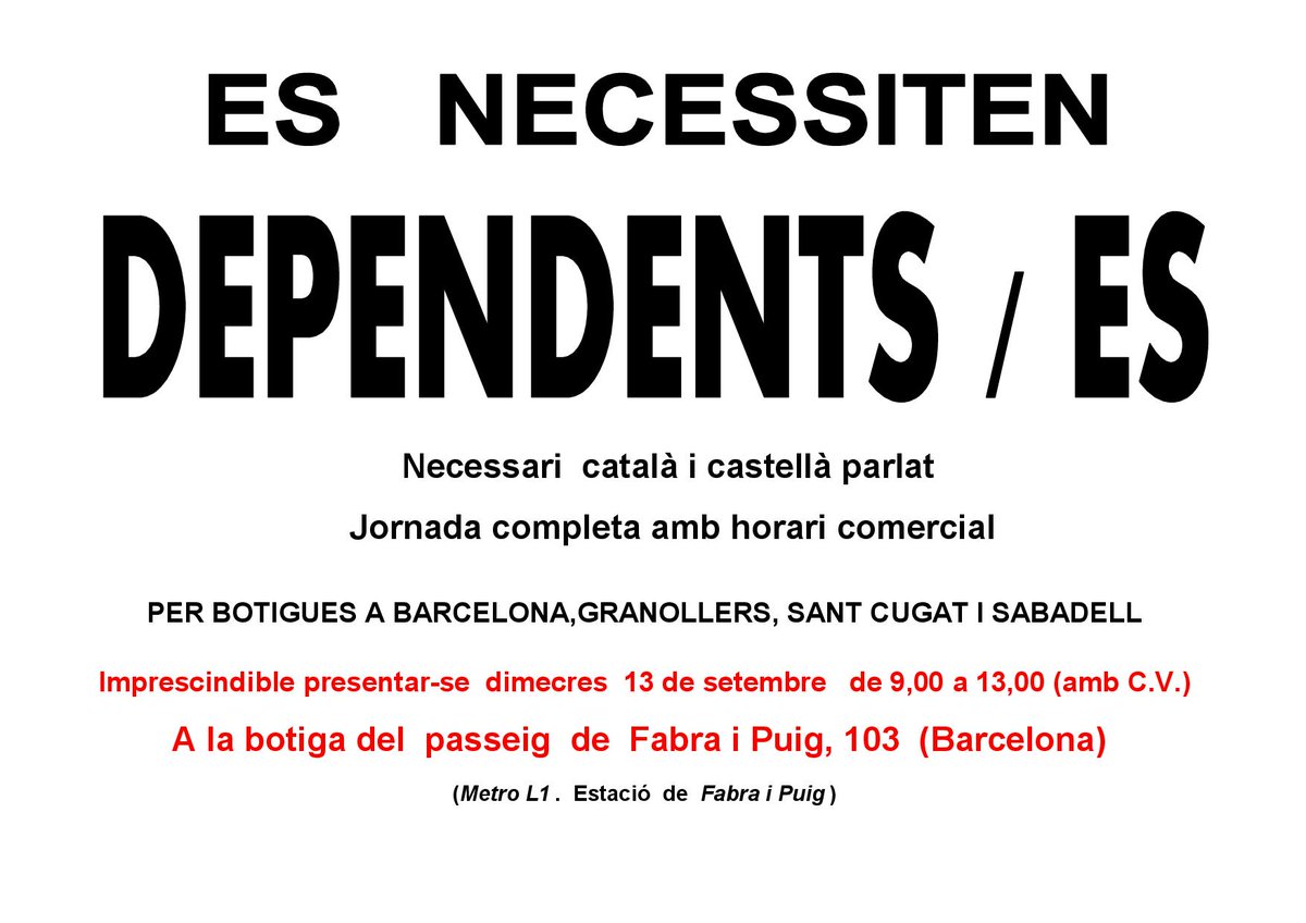 facilmobelGr's tweet photo. #Ofertasdeempleo
#FacilMobel
#Dependientas #Barcelona #Granollers #Sabadell #SantCugat https://t.co/BSQFpogMUp