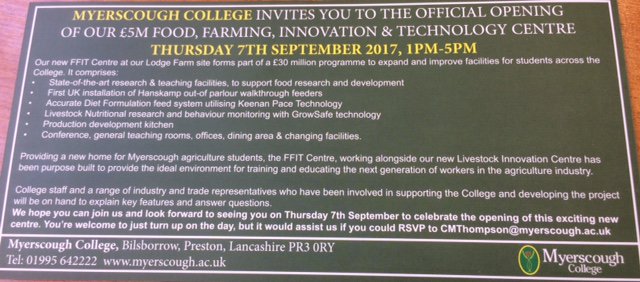 Join us at our Food, Farming, Innovation &amp; Technology Centre Opening this THURSDAY.
Full info: myerscough.ac.uk/whats-on/ffit-…