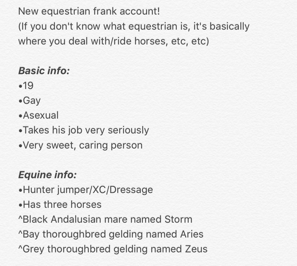 EquestrainFrank's tweet image. New equestrian Frank Iero account!
•Loves his horses
•Mainly a hunter jumper 
•Gay, asexual
•Super sweet guy

RT? ✨🐴