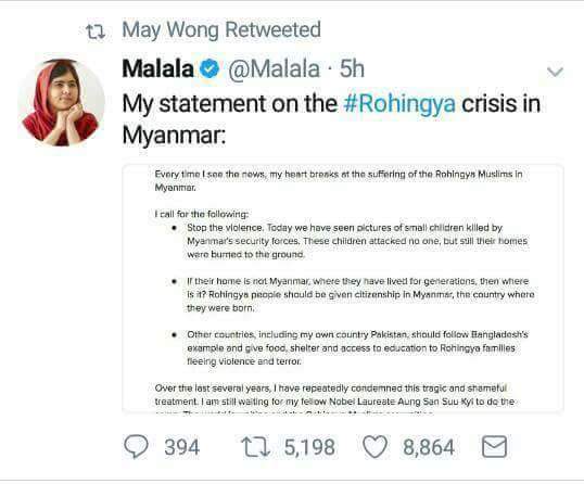 nyi_thwee's tweet photo. Eventually, I realize that Malala is also uneducated.
Really sad to read ur prejudiced statement.Has PEACE been also raped n killed?@Malala https://t.co/UTe3cmzJQF