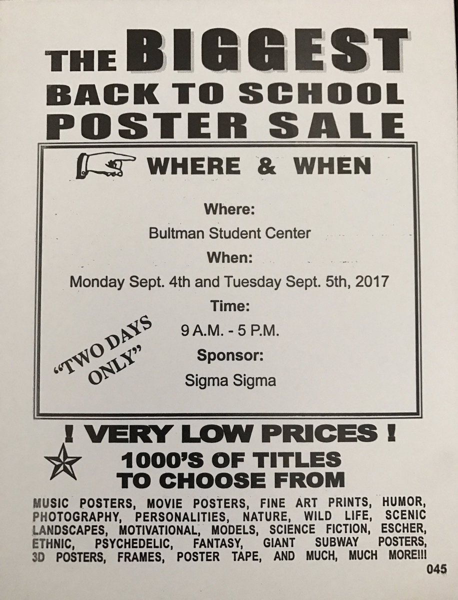 _sigmasigma_'s tweet photo. Poster Sale in the new Bultman Student Center by the new Kletz! TODAY &amp; TOMORROW ONLY from 9-5! https://t.co/2h59VhK3li