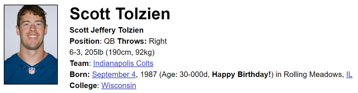 Woah, today is Scott Tolzien\s 30th birthday. Happy birthday, you\re the Week 1 starter. 