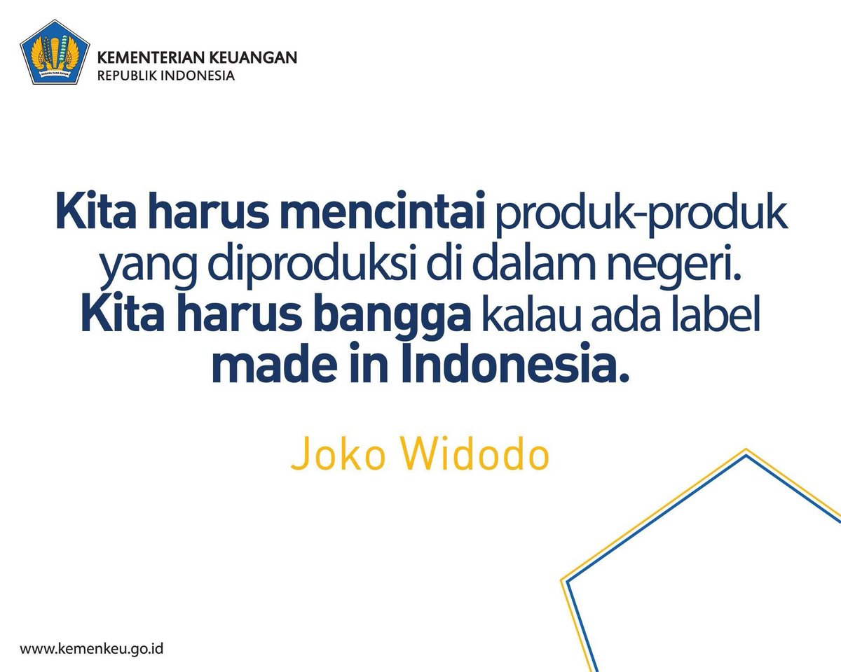 KemenkeuRI's tweet photo. Mencintai produk dari negeri sendiri berarti kamu turut berkontribusi pada kemajuan ekonomi bangsa ❤️🇮🇩
#BanggaProdukLokal
#sadarAPBN https://t.co/86iwAsNgXB