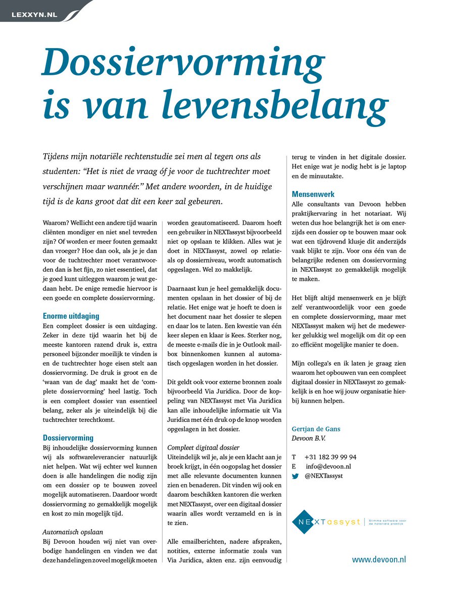 NEXTassyst's tweet photo. "Dossiervorming is van levensbelang" Het artikel in het #NotariaatMagazine van @gertjan84. https://t.co/i2EvQTCLc1 https://t.co/6drkZbt8Ke