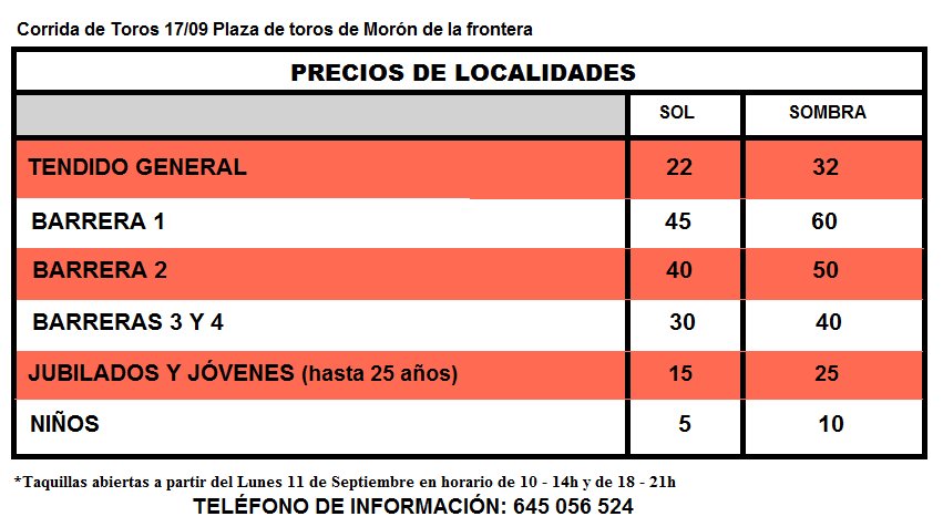 torosmoron1's tweet photo. ·PRECIOS DE LOCALIDADES para la Corrida de Toros del Domingo de Feria.
No te quedes sin tu entrada! . Cualquier duda la preguntáis. Saludos. https://t.co/pMsKoAYygK