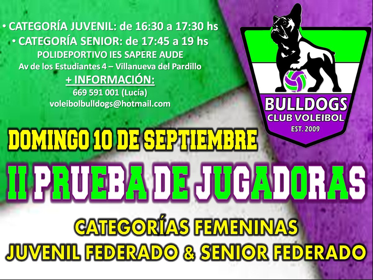 CVBulldogs's tweet photo. II PRUEBA DE JUGADORAS 2017/18
 EQUIPOS JUVENIL FEDERADO &amp; SENIOR FEDERADO
 10 DE SEPTIEMBRE
 Juv: 16:30 a 17:30 hs
 Sen: 17:45 a 19:00 hs https://t.co/nVvm3dx15k
