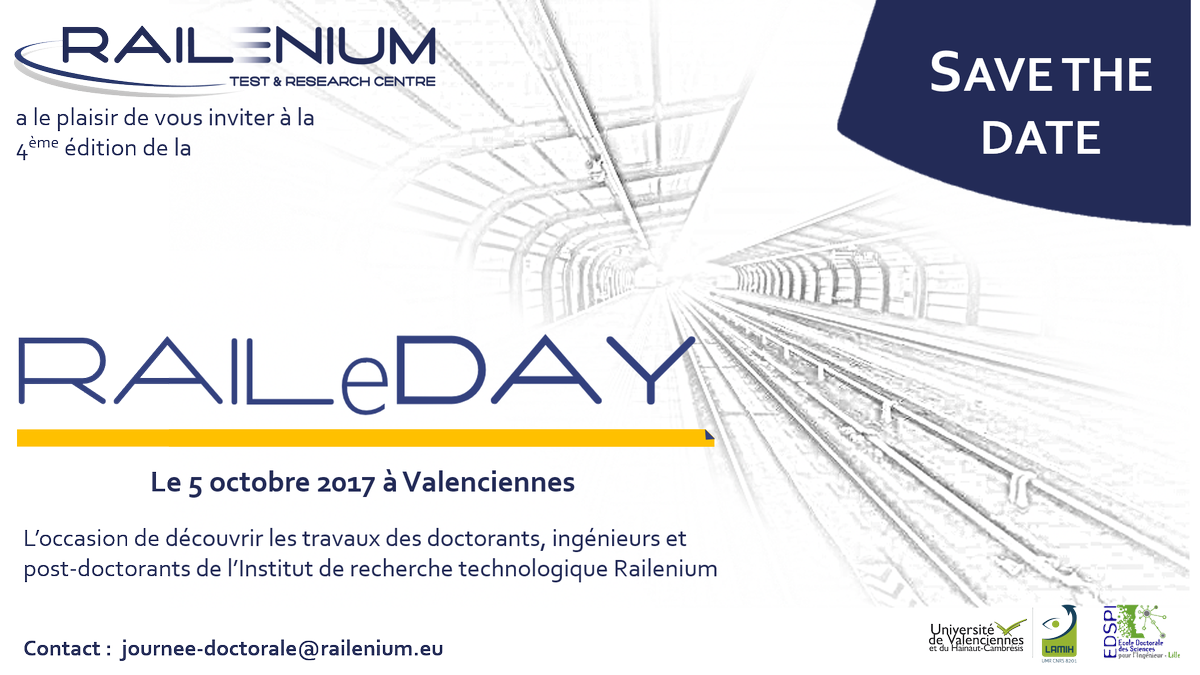 Ifsttar's tweet photo. #RaileDay la journée des doctorants de #Railenium se tiendra le 5 octobre à Valenciennes https://t.co/j8JlWISvzt #Ferroviaire #Recherche https://t.co/qZOYrLpqCA