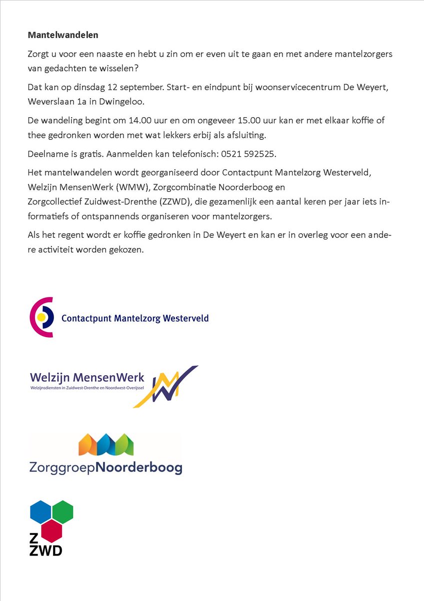 Dinsdag 12 sept. Mantelwandelen #Dwingeloo, start 14 uur bij De Weyert <a href="/marianweishaupt/">Marian Weishaupt</a> <a href="/noorderboog/">Noorderboog</a> <a href="/Welzijn_WMW/">Welzijn MensenWerk</a> na afloop koffie/thee.