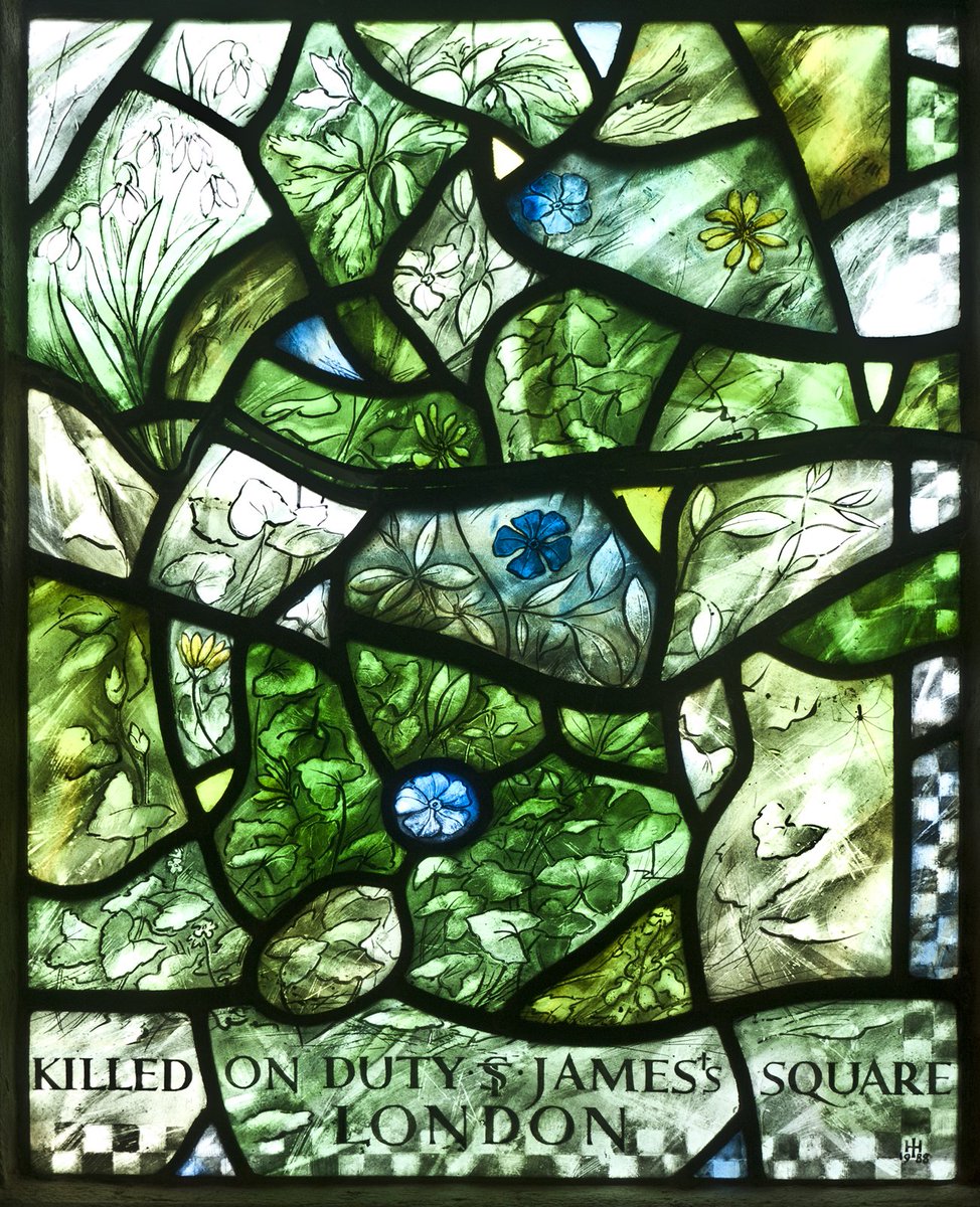 sashawardglass's tweet photo. Wild flowers for Yvonne Fletcher in a detail from Henry Haig's 1988 memorial window, Semley Church #Wiltshire #stainedglass #churchcrawling https://t.co/JU3oB9NSsG
