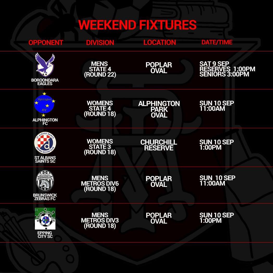 RMITFC's tweet photo. Fixtures weekend 9/9 https://t.co/0Axx17eG4S