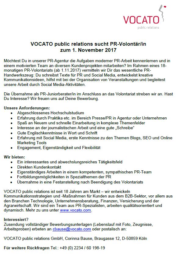 Wir suchen Verstärkung und haben ein #PR-#Volontariat in #Köln zu vergeben: vocato.com/de/agentur#ste… #publicrelations #job #karrierestart