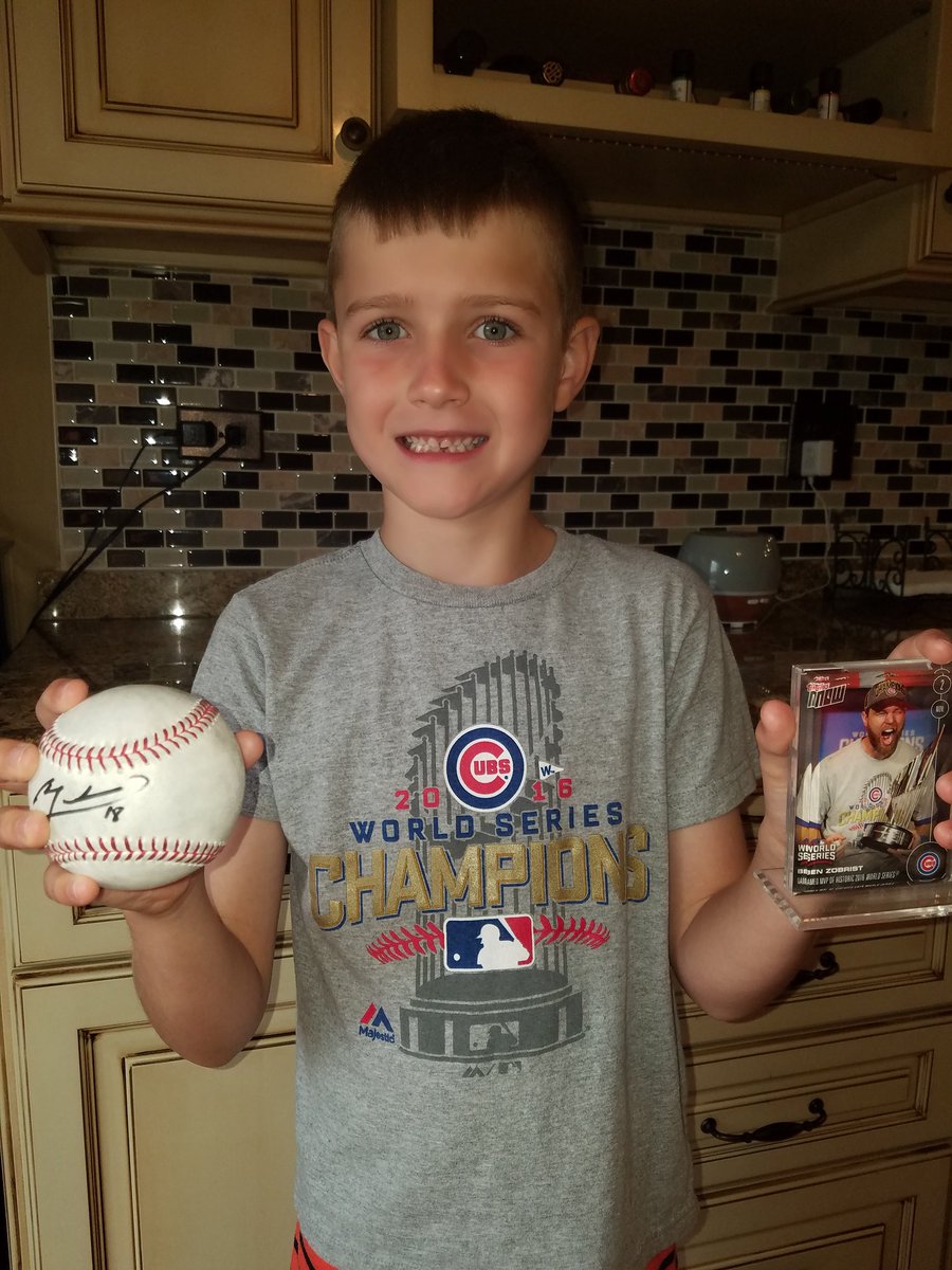 bdpickert's tweet photo. Hey @benzobrist18  Thanks for signing this ball for my son at the game yesterday.  Looks good next to his Ben Zobrist World Series MVP card! https://t.co/lXHeWUmXdM