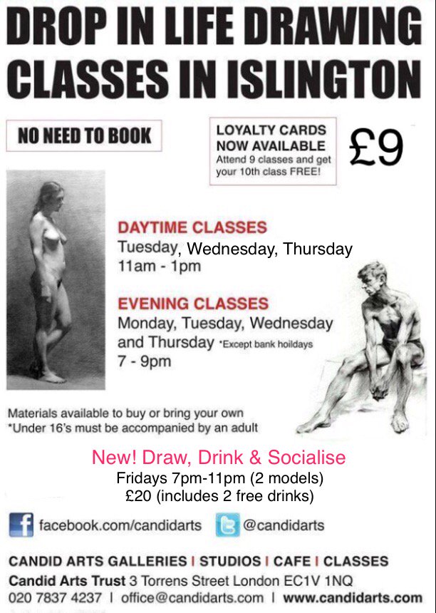 Additional #lifedrawing classes <a href="/candidarts/">Candid Arts Trust</a> ! Thursdays 11-1pm (#DropIn) and Fridays 7-11pm (#Draw &amp; #Drink) #art #candidarts #islington