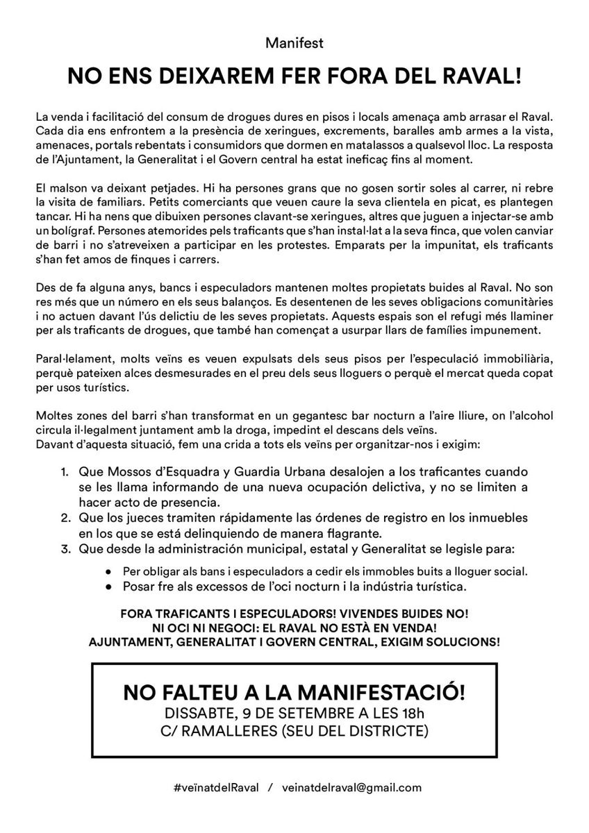 IllaRPR's tweet photo. ¿Quieres al barrio El Raval? DALE RT a este mensaje y sus archivos adjuntos. !NADIE DEBE QUEDARSE SIN ESTAR PRESENTE EN LA MANIFESTACIÓN! https://t.co/hPjaGWGSsH