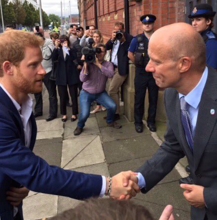 hitsmcrnews's tweet photo. Prince Harry is at the Manchester Resilience Hub at @ashtonoldbaths to show his support to those affected by the Manchester Arena Attack. https://t.co/8PC10G0dpO