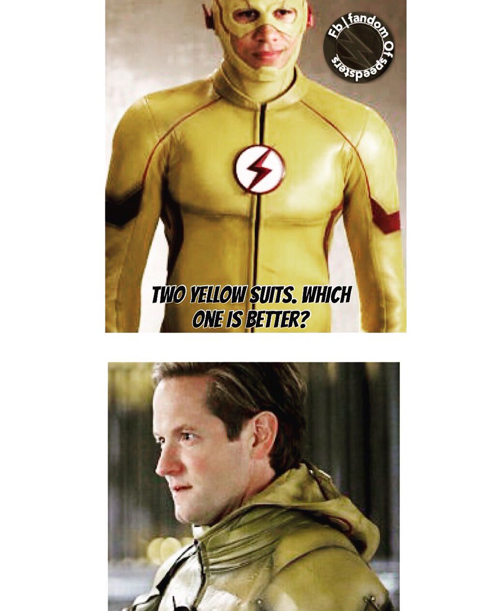 fandomspeedster's tweet photo. Which of the two men in yellow has the best suit? 
#KidFlash or #ReverseFlash https://t.co/j9Z8b8KVR7