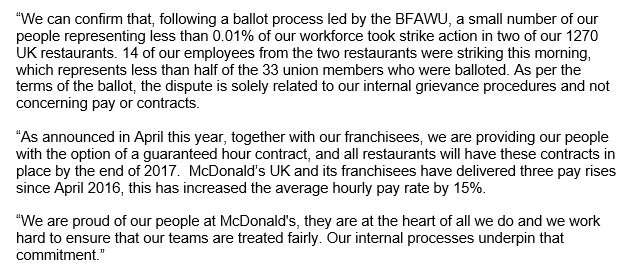McDonaldsUKNews's tweet photo. Our statement regarding the small number of employees in two of our restaurants who are intending to take strike action https://t.co/hFteDeNKkH
