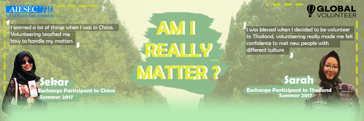 Global Volunteer merupakan sarana untuk mengembangkan kelemahan diri menjadi kekuatan. 
Register here: aiesec.or.id