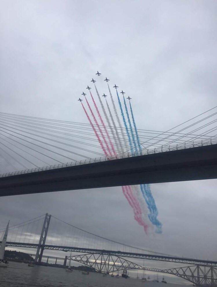 NewForthBridge's tweet photo. The Red Arrows fly along the Forth to mark the official opening of the Queensferry Crossing today. 
Picture: @beaton_bruce https://t.co/RfGUm4o1GC