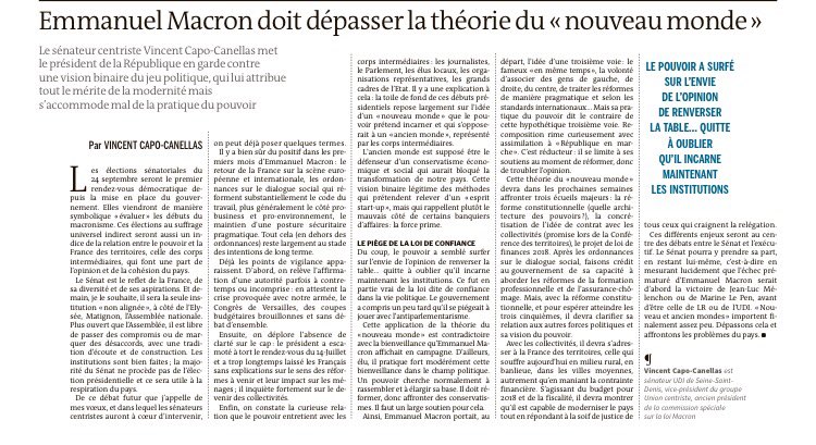 Capo_Canellas's tweet photo. Ma tribune dans @lemondefr daté du 5 Septembre: @EmmanuelMacron doit dépasser la théorie du " nouveau monde" https://t.co/nVCFaSe9sG