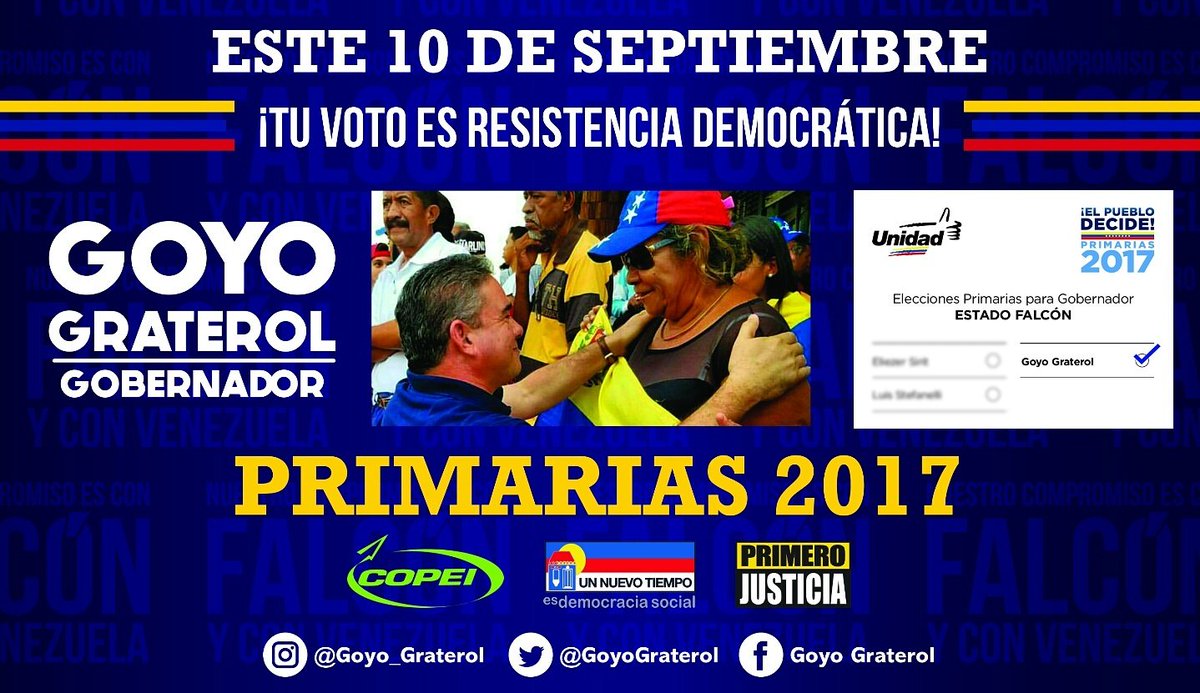 GoyoGraterol's tweet photo. Este #10Sep acompáñanos en las primarias de la #Unidad y seamos juntos, la opción del cambio para Falcón! #4Sep https://t.co/7qh2Oao2zm