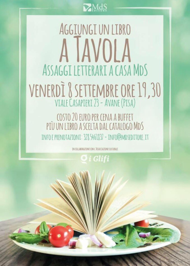 MdSEditore's tweet photo. Ultimi posti disponibili per la nostra cena letteraria, prenotate al più presto! @CasaLettori @PisaConnection @AmiciSMSBIBLIOP https://t.co/nzFSm67z8o