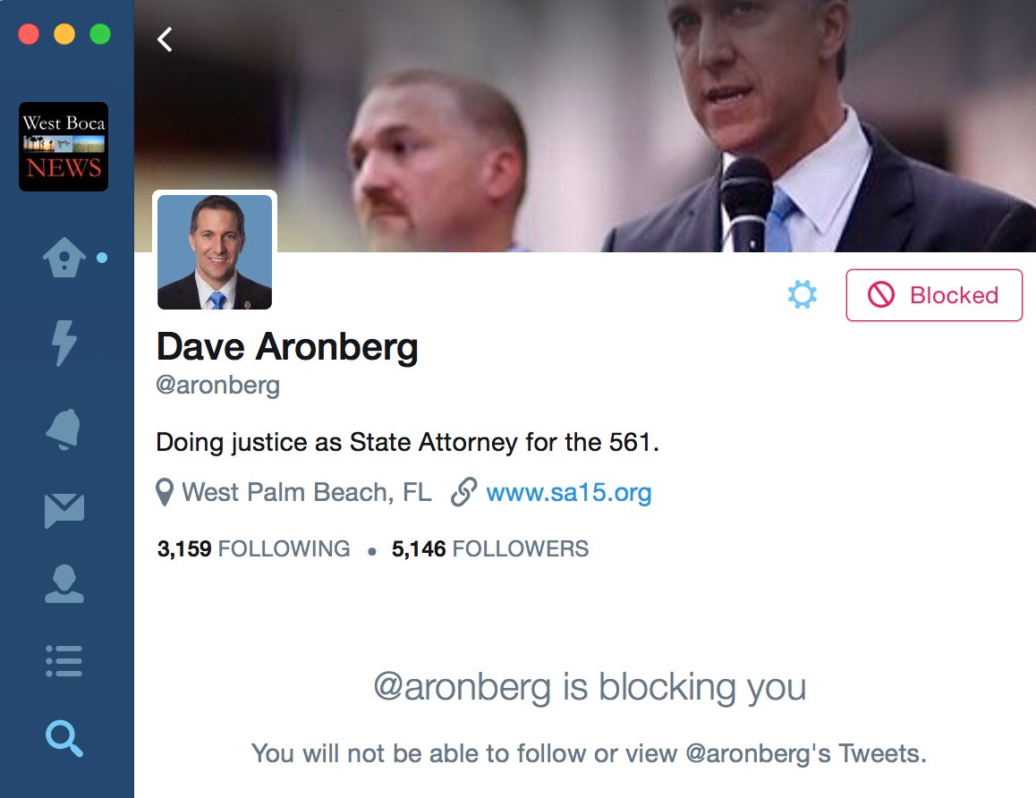 WestBocaNews's tweet photo. Anyone else blocked by the State Attorney? @aronberg #davearonberg #illegal #censorship https://t.co/uiN4DWmPME
