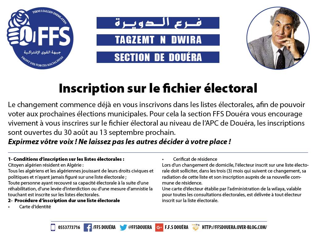 ffsdouera's tweet photo. #FFS Exprimer votre voix ! Ne laissez pas les autres décidés a votre place !
Pour la commune #Douéra #NvotiFFS #ElectionsLocales2017 https://t.co/opdd4ceDMz