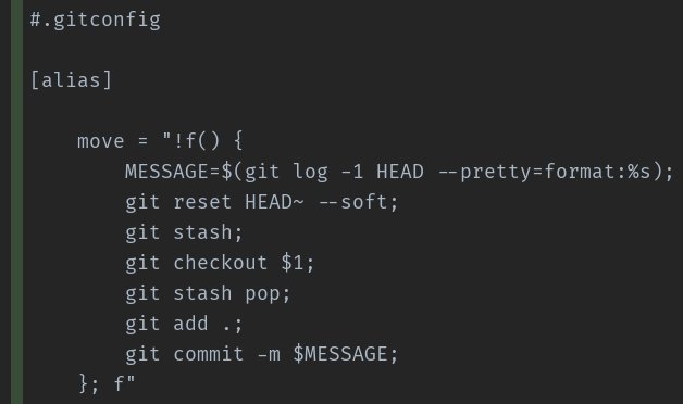 coderabbi's tweet image. Okay, one more...
Ever commit something only to immediately realize that you're on the wrong branch?
Use "git move &lt;branch&gt;".