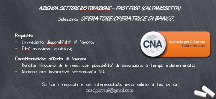 cnacl1's tweet photo. #CNAAPLCL AZIENDA SETTORE RISTORAZIONE - FAST FOOD cerca tirocinante per 6 mesi.
Invia il tuo cv a cnaclgiovani@gm… https://t.co/pvDJRNDixL https://t.co/sxZEcBcIqv