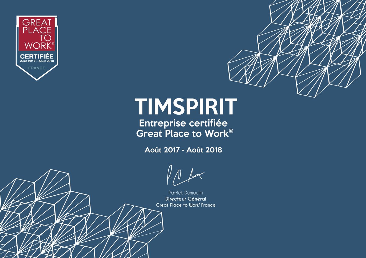 timspiritfr's tweet photo. Nous sommes heureux de faire partie des entreprises #certifieeGPTW2017 @GPTW_FRANCE ! Merci à nos collaborateurs 😍 https://t.co/rTsxbBzGuH https://t.co/WUt2saHhjC