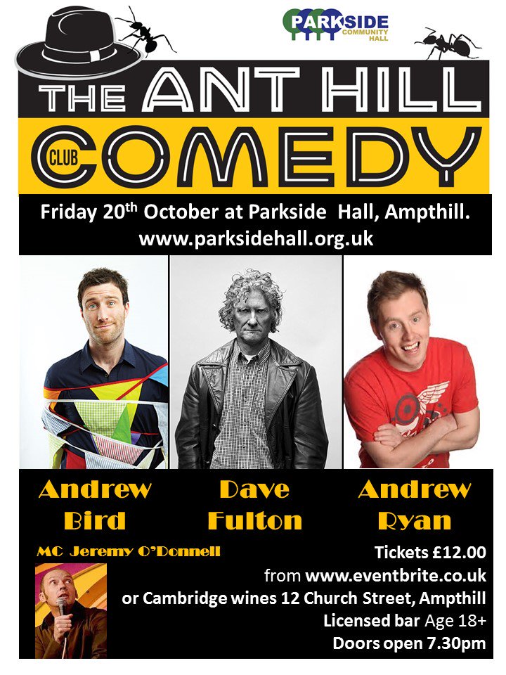 Parksidehall's tweet photo. Get ready for another blinding evening of comedy - 20th October @JezODonnell Dave Fulton Andrew Ryan Andrew Bird - https://t.co/VQL9STHu7J https://t.co/Xz4dNPxX1b