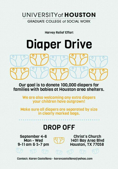 Help babies, donate to #Harvey relief diaper drive, Sept 4-6. Christ's Church, 1401 Bay Area Blvd, 9-11a &amp; 5-7. #UHCLStrong