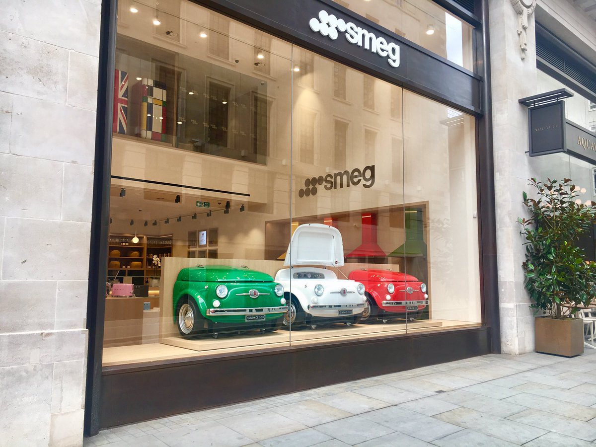 HoopsRetail's tweet photo. @smeguk new store along Regent Street. 🇬🇧flagged fridges or a even Fiat 500 🚘. #Almostanythingispossible #retail #newstores #open #london https://t.co/1KFbnKyTaU