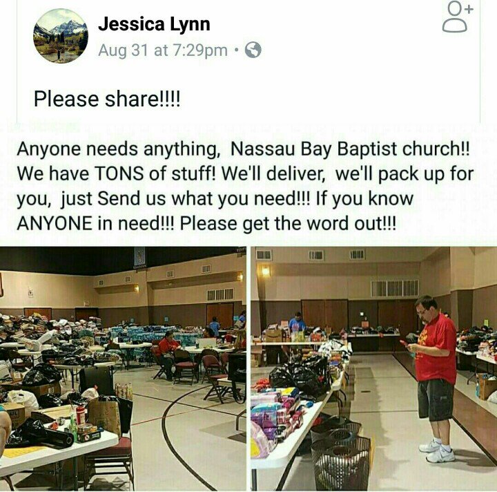 Nassau Bay Baptist Church has supplies available to help with #Harvey relief. Pls share. <a href="/UH/">ULTRA HAZE</a>-ClearLake #UHCLStrong
