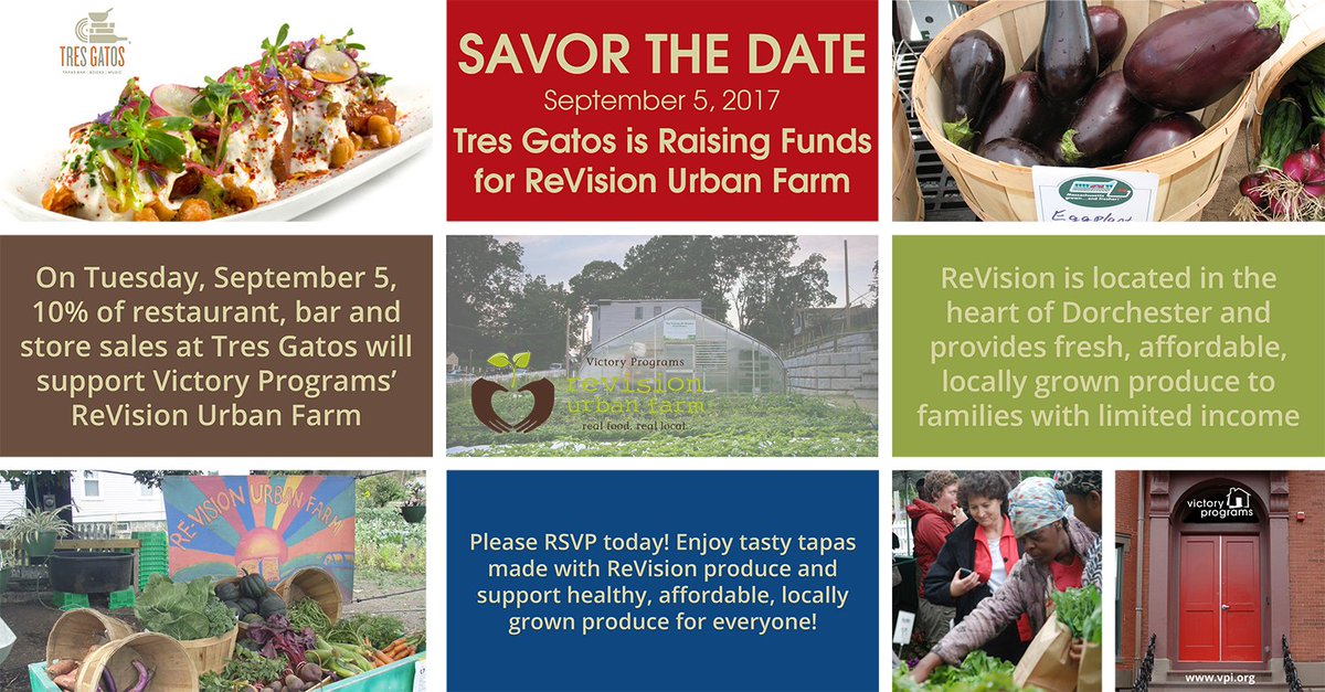 VictoryPrograms's tweet photo. Savor the Date! @TresGatosJP   is supporting @VictoryPrograms' @ReVisionFarm  with 10% of Proceeds on Sept 5! https://t.co/3BbRKRPvD1 https://t.co/WL8mBN0CIg