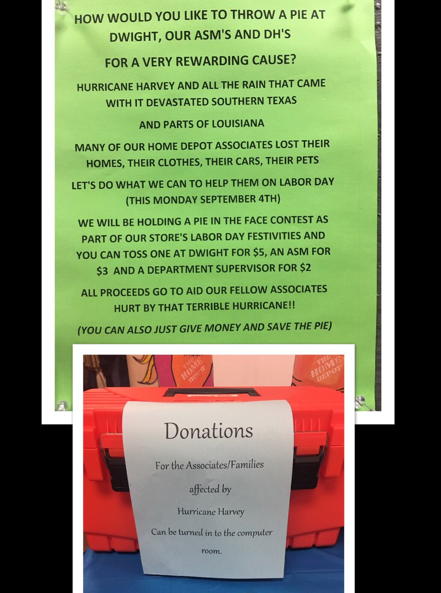 HomeDepot1601's tweet photo. Giving back to our associates affected by the hurricane in Texas with some pie throwing at our leadership team! #ma4texas #ma2017sept4 https://t.co/8GTsnynPkk