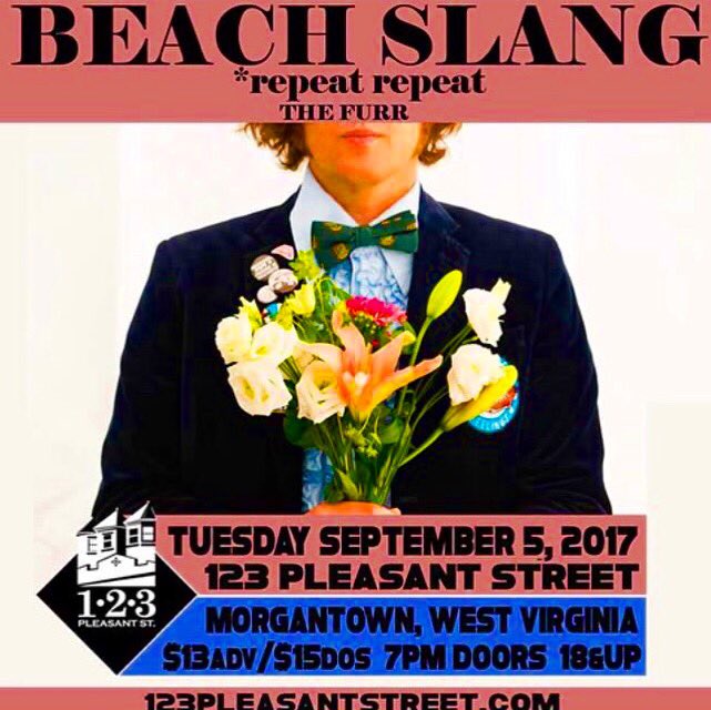 the_furr_'s tweet photo. tomorrow/tues! stoked to join @beachslang + @repeatX2 @ @123pleasant doors7 #music 8pm hope2cu💚 @U92_FMNews @DubVnightlife @U92_FM #fun #wvu https://t.co/K9DpCurvXi