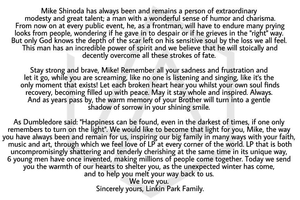 Julia_Kok's tweet photo. #ALetterToMike #LinkinLetter #LPLive #mikeshinoda #LPFamily #LinkinLove #MakeChesterProud #StayStrongMike #WeAreWithYou https://t.co/X1IEaSSVbX