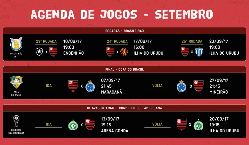 Flamengo on X: São três competições no mês de setembro. Confira as datas e  locais dos jogos do Flamengo.  / X