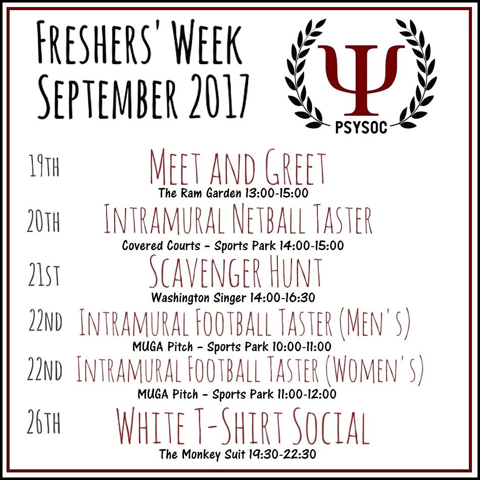 psysocexeter's tweet photo. Here is the PsySoc line up for Freshers! Head over to our facebook page /psysoc.exeter for more detailed descriptions 🎉
#psysoc #exeteruni https://t.co/YCgtqszQSN