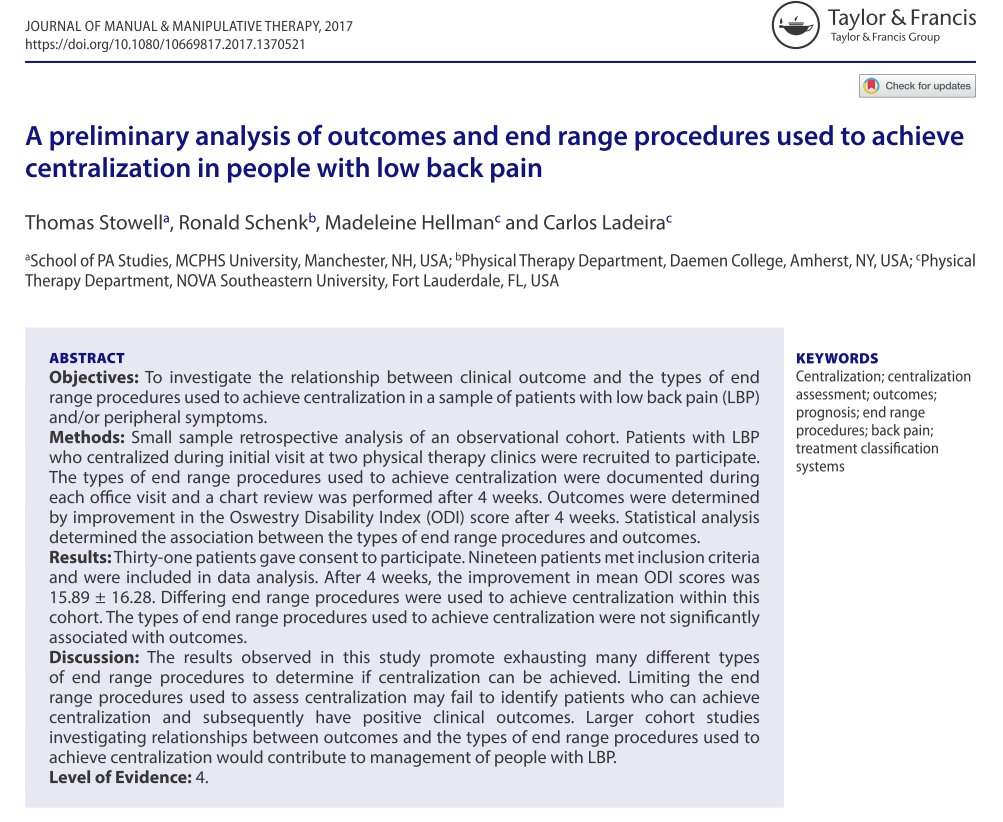 PhysioMeScience's tweet photo. A preliminary analysis of outcomes and end range procedures used to achieve centralization in people with LBP
https://t.co/6lBDgC8ufs https://t.co/On2TAGip95
